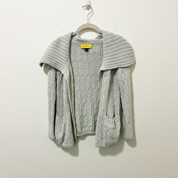 [St. John] Mint Green Open Front Chunky Cable Knit Cardigan Sweater Sz Petite P - Picture 1 of 9